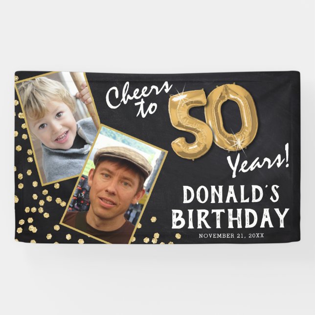Cheers to 50 Years Gold Balloon 2 Photo Birthday Banner (Horizontal)