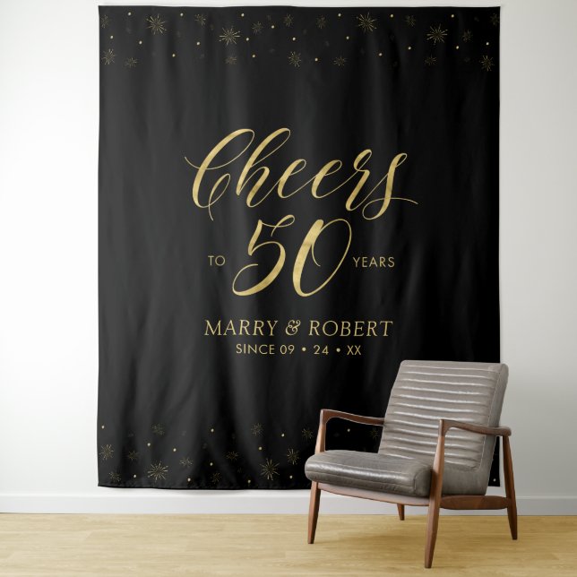 Cheers to 50 years | Gold & Black 50th Anniversary Tapestry (In Situ)