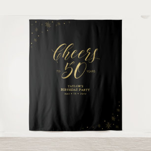 Cheers to 50 years   Gold & Black Birthday Party Tapestry