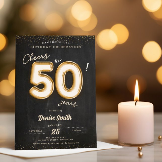 Cheers to 50 Years Gold foil Balloon 50th Birthday Invitation (Cheer to 50 years birthday invitation shown with gold lighting and next to a burning candle.)