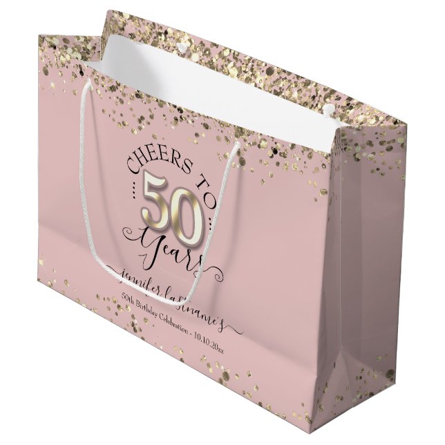 Cheers to 50 Years Gold Glitter Large Gift Bag (Front Angled)