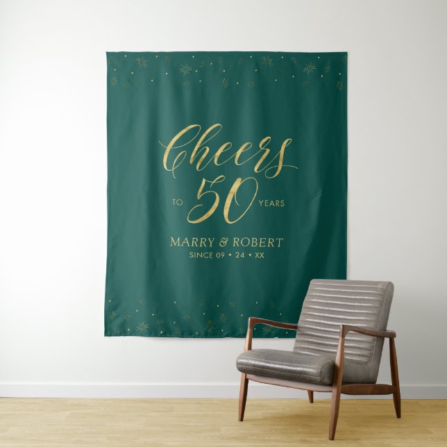 Cheers to 50 years | Gold & Green 50th Anniversary Tapestry (In Situ)
