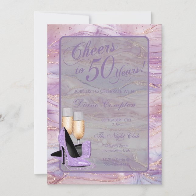 Cheers to 50 Years Lavender Gold Birthday Invitation (Front)