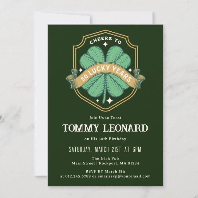 Cheers to 50 Years Lucky Shamrock Birthday Invitation (Front)
