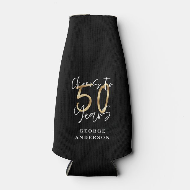 cheers to 50 years modern black and gold bottle cooler (Front)