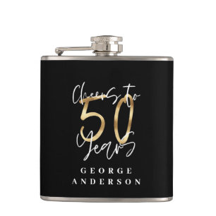 cheers to 50 years modern black and gold hip flask