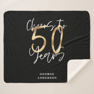 cheers to 50 years modern black and gold sherpa blanket