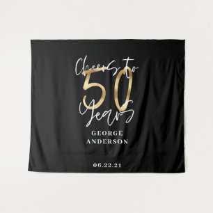 cheers to 50 years modern black and gold tapestry