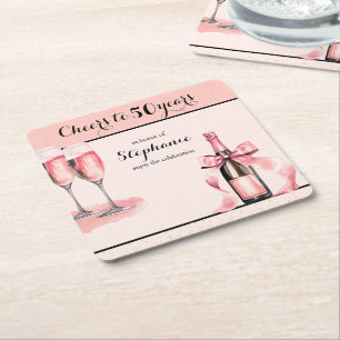 Cheers to 50 Years Pink Champagne Birthday Square Paper Coaster