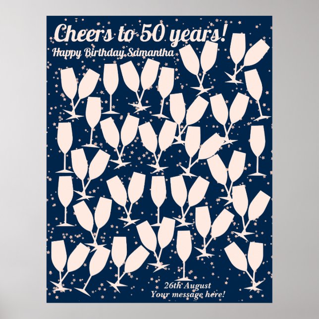 Cheers to 50 Years Pink Navy GuestBook Poster (Front)