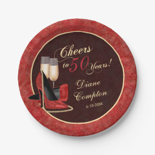 Cheers to 50 Years Red Gold Black Birthday Paper Plate