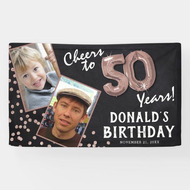 Cheers to 50 Years Rose Gold 2 Photo Birthday Banner (Horizontal)