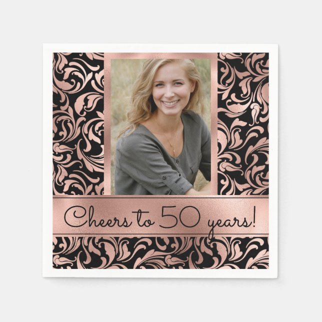 Cheers to 50 Years rose gold damask 50th Birthday Napkin (Front)
