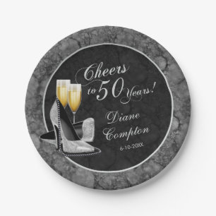 Cheers to 50 Years Silver and Black Birthday Paper Plate