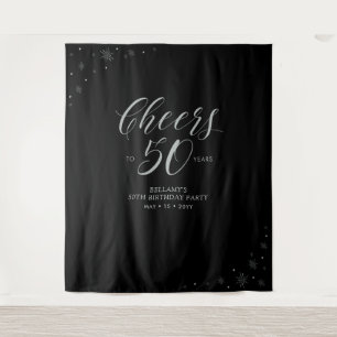 Cheers to 50 years   Silver & Black Birthday Party Tapestry