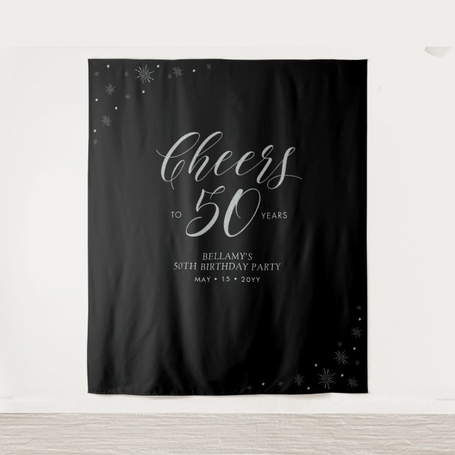 Cheers to 50 years | Silver & Black Birthday Party Tapestry (Front)