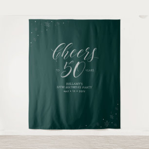 Cheers to 50 years Silver & Green Birthday Party Tapestry