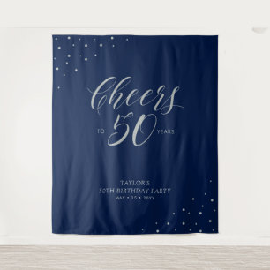Cheers to 50 years   Silver & Navy Birthday Party  Tapestry