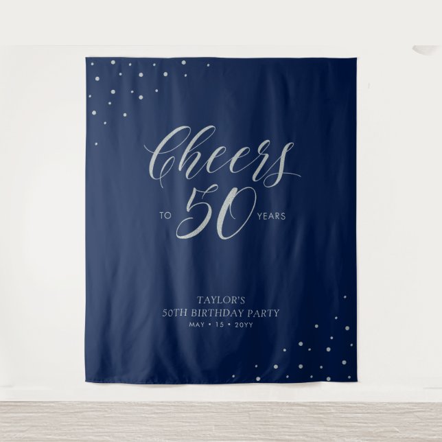 Cheers to 50 years | Silver & Navy Birthday Party  Tapestry (Front)