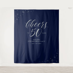 Cheers to 50 years   Silver & Navy Birthday Party Tapestry