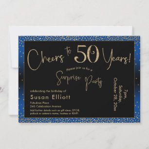 Cheers to 50 Years Surprise Birthday Gold & Blue Invitation
