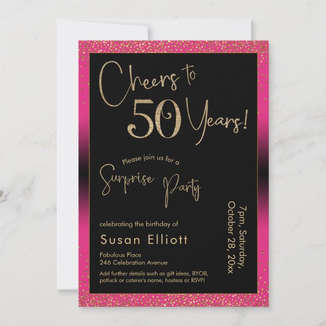 Cheers to 50 Years Surprise Birthday Party, Pink Invitation (Front)