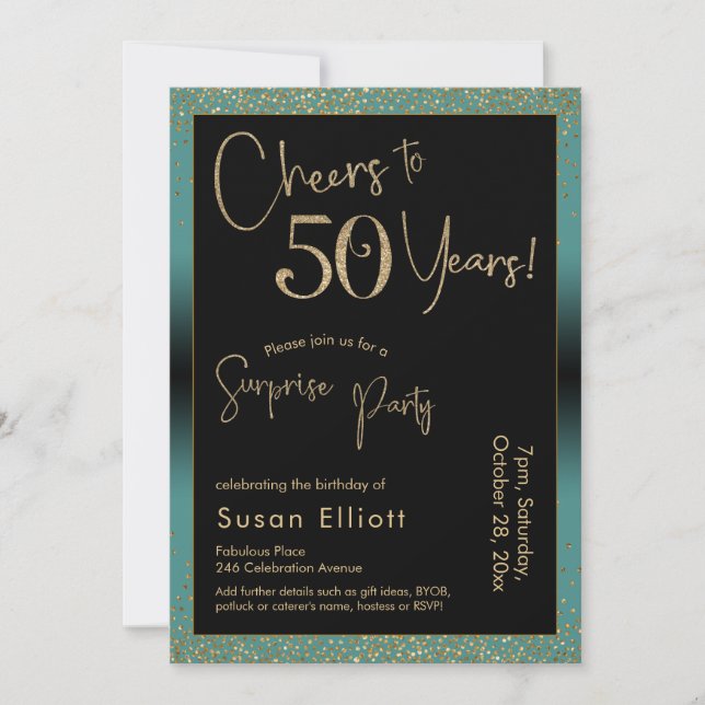Cheers to 50 Years Surprise Birthday Party, Teal Invitation (Front)