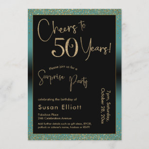 Cheers to 50 Years Surprise Birthday Party, Teal Invitation