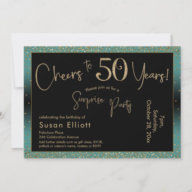 Cheers to 50 Years Surprise Birthday Teal and Gold Invitation (Front)