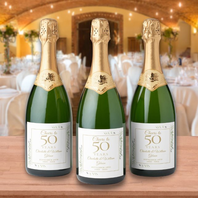 Cheers To 50 Years Wedding Anniversary Greenery Sparkling Wine Label (Creator Uploaded)