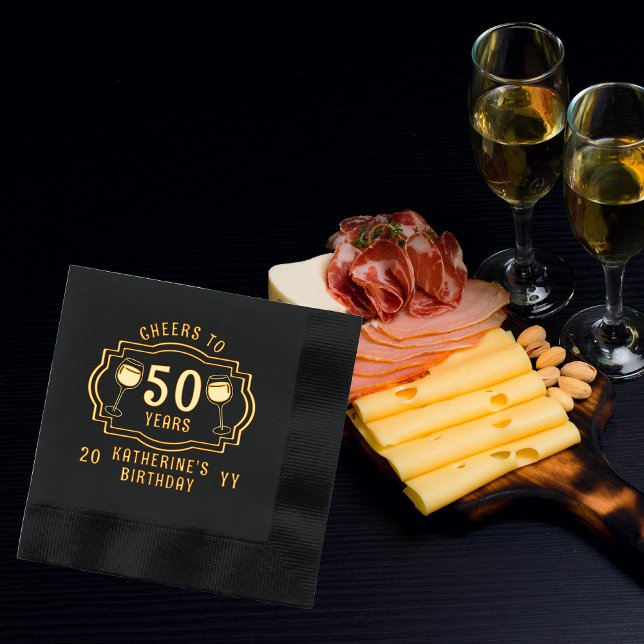 Cheers to 50 Years Wine Glasses Birthday Name Foil Napkins ("Cheers to 50 Years" wine Glasses 50th Birthday with Name and Year Stamped Foil Napkins)
