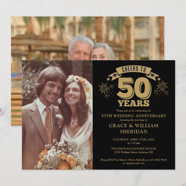 Cheers To 50th Golden Wedding Anniversary 2 Photos Invitation (Front/Back)