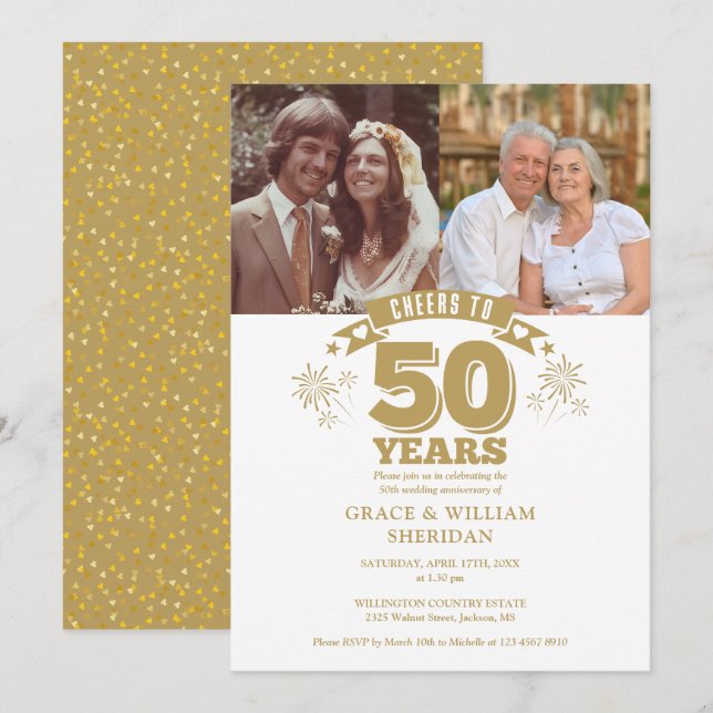 Cheers To 50th Wedding Anniversary 2 Photo Invitation (Front/Back)