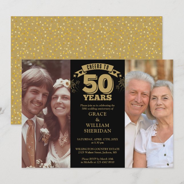 Cheers To 50th Wedding Anniversary 2 Photo Invitation (Front/Back)