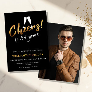 Cheers to 54 Years Gold Black Adult Birthday Photo Invitation