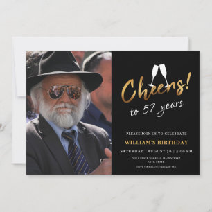 Cheers to 57 Years Gold Black Adult Birthday Photo Invitation