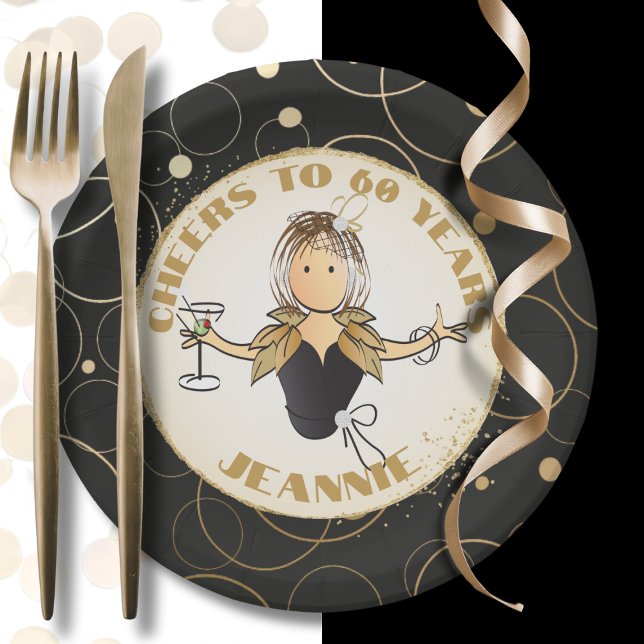 Cheers to 60 for Her Fun Gold Black 60th Birthday Paper Plate (Creator Uploaded)