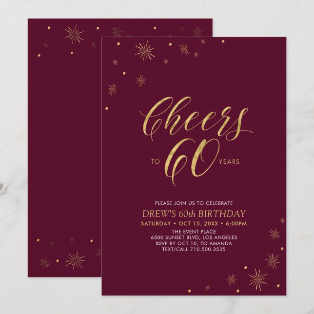 Cheers to 60 | Gold & Burgundy 60th Birthday Party Invitation (Front/Back)