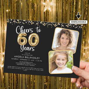 Cheers to 60 Years 2 Photo Script Balloon Confetti Invitation