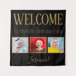 Cheers to 60 years 3 Photos Black Gold Elegant Tapestry