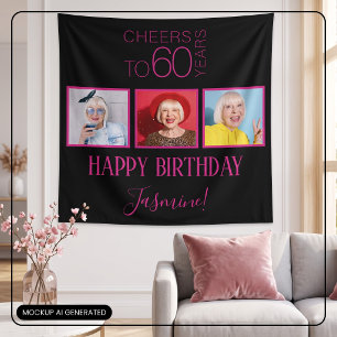 Cheers to 60 years 3 Photos Black Pink Elegant Tapestry
