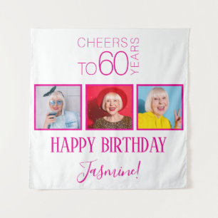 Cheers to 60 years 3 Photos Pink Elegant Frame Tapestry