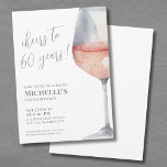 Cheers To 60 Years 60th Birthday Party Invitation<br><div class="desc">"Cheers to 60 years!" is proudly displayed at the top of this classic and elegant invitation, featuring a large watercolor pink and grey wine glass on the right side, giving it a modern twist. You can customise the year to celebrate any milestone. The design uses script typography for "Cheers to...</div>
