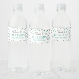 Cheers to 60 Years Aqua Silver Confetti Birthday Water Bottle Label