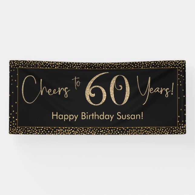 Cheers to 60 Years Birthday Black w/ Gold Confetti Banner (Horizontal)