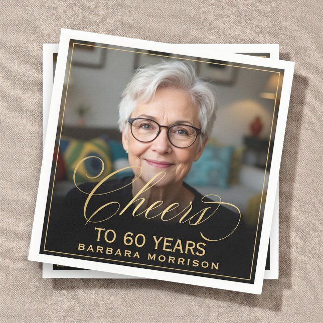 Cheers to 60 Years Birthday Photo Gold Black Napkin (Creator Uploaded)