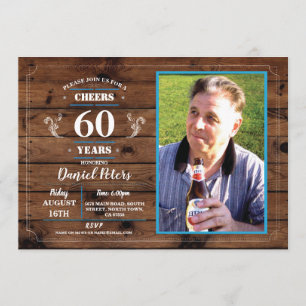 Cheers to 60 Years Birthday Wood Rustic Photo Invitation