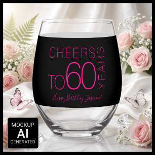 Cheers to 60 years Black Pink Elegant Birthday Stemless Wine Glass
