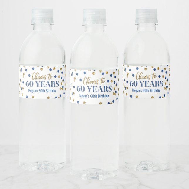 Cheers to 60 Years Blue Gold Confetti Birthday Water Bottle Label (Bottles)