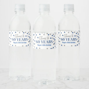 Cheers to 60 Years Blue Silver Confetti Birthday Water Bottle Label